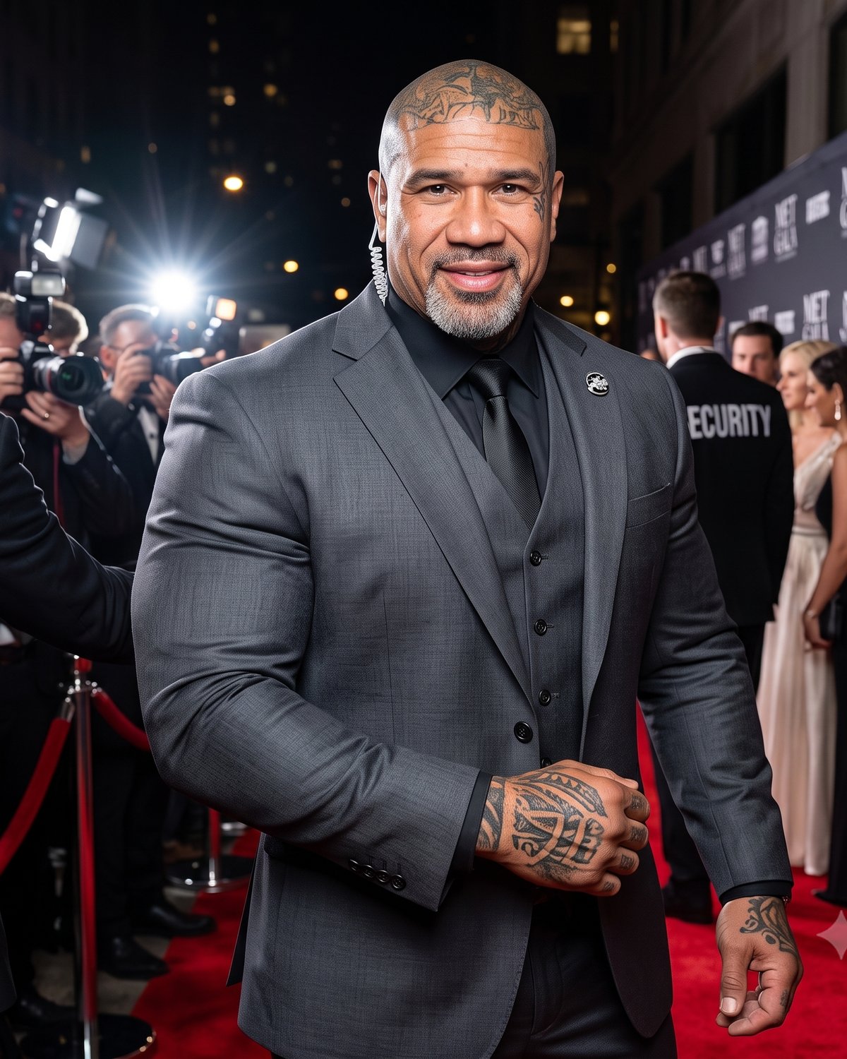 Johnny Toa Moa in a grey three-piece suit working a red-carpet executive protection detail