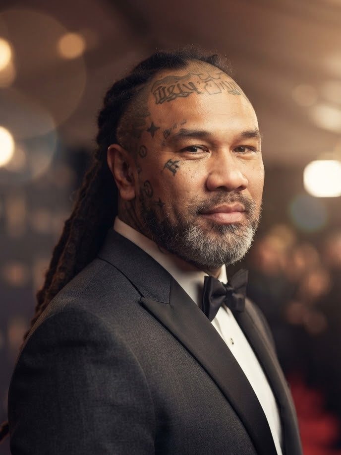 Johnny Toa Moa in a black tuxedo and bow tie on a red carpet